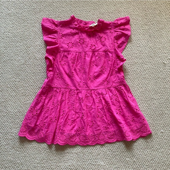 Entro Hot Pink Perforated Frilled Short Sleeve Blouse Size Small 100% Cotton EUC - Picture 7 of 14